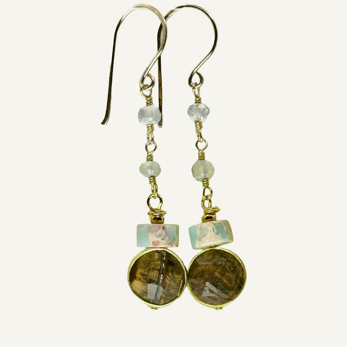 Golden circular tiger eye with serpentine earrings