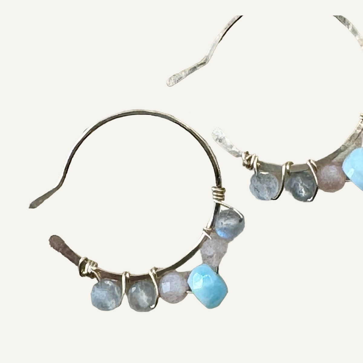 Hammered gold filled hoops with larimar and mixed stones