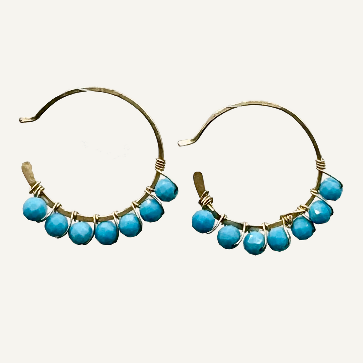 Gold hammered hoops with wrapped turquoise earrings