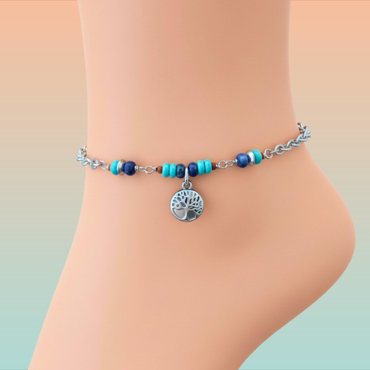 Tree charm ankle bracelet with turquoise and lapis