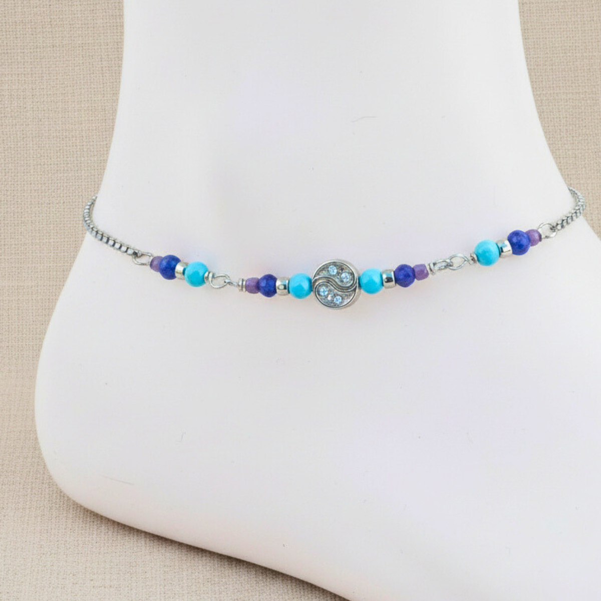 Yin Yang bead with lapis and turquoise ankle bracelet