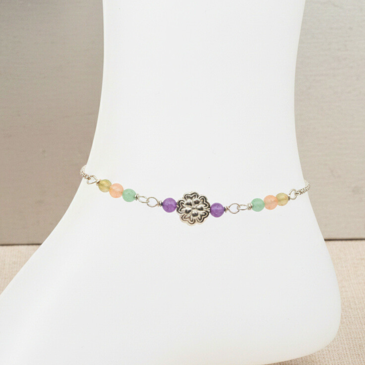 Flower bead with mixed stones ankle bracelet
