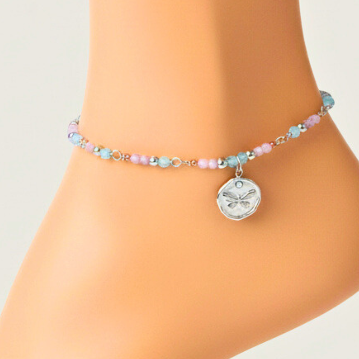 Butterfly charm with tourmaline and aquamarine ankle bracelet