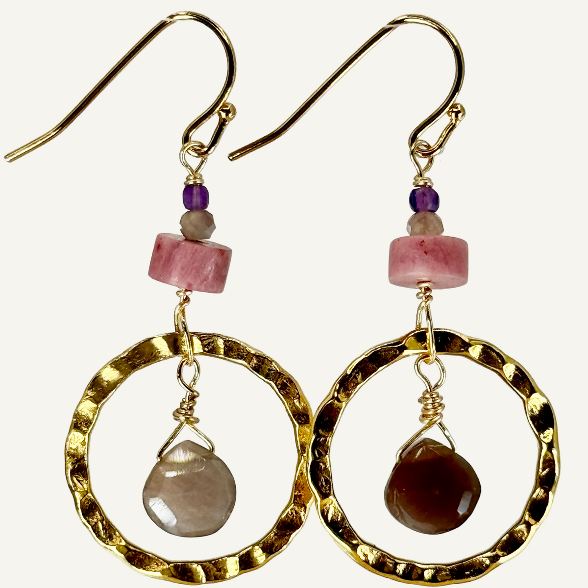 Textured hoop earrings with chocolate moonstone drops