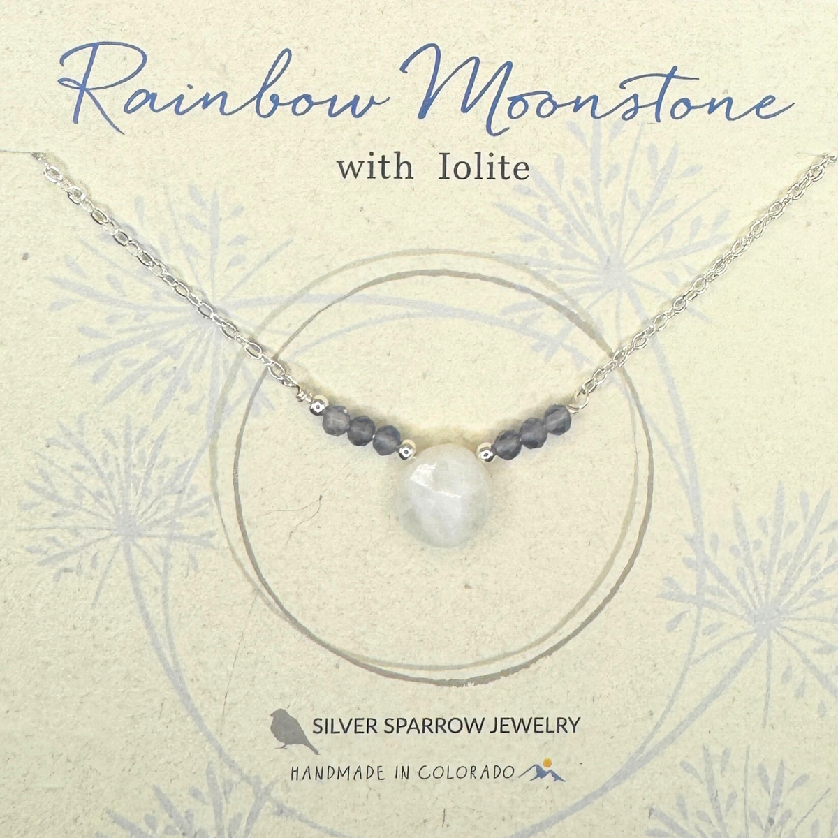 Rainbow moonstone and iolite small circle necklace