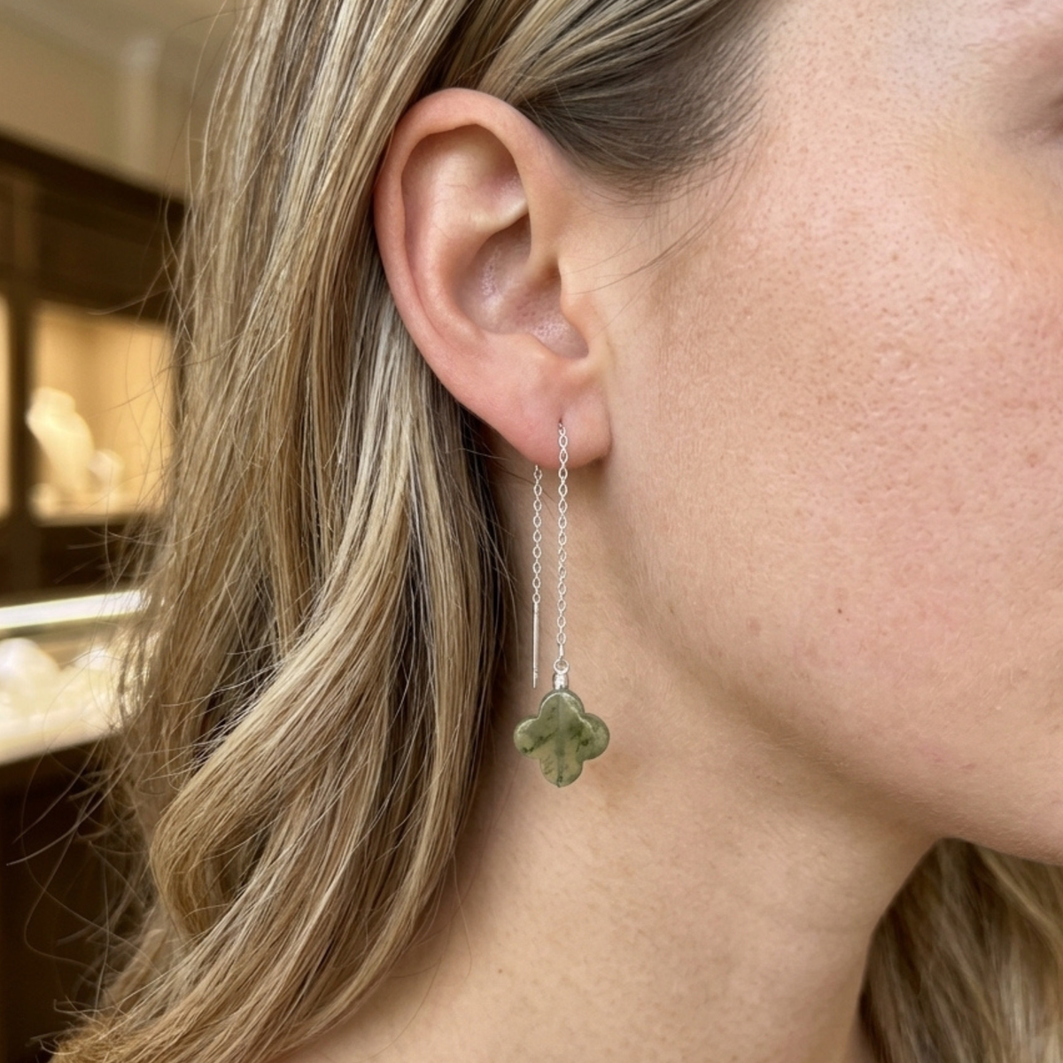 Clover Jade and Sterling Silver Threader Earrings