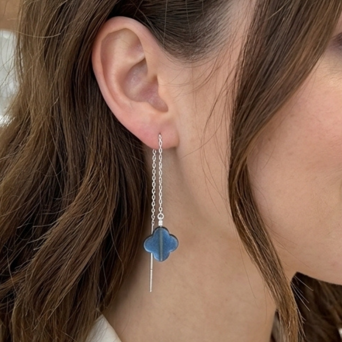 Labradorite Clover Threader Earrings in Sterling Silver