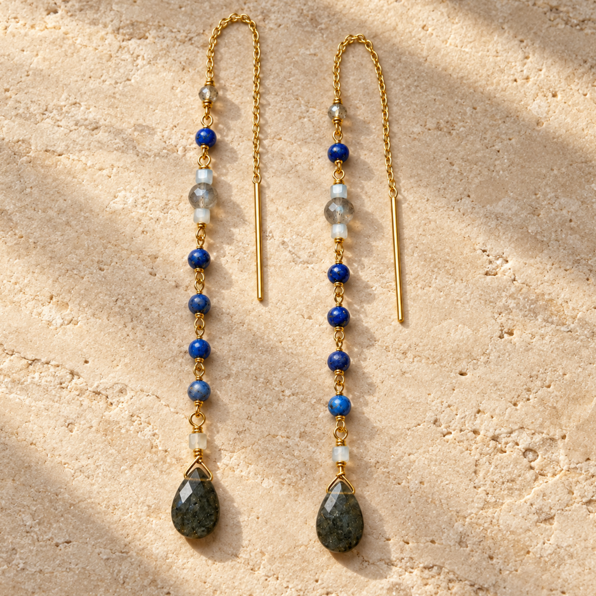 Gold threader earrings obsidian