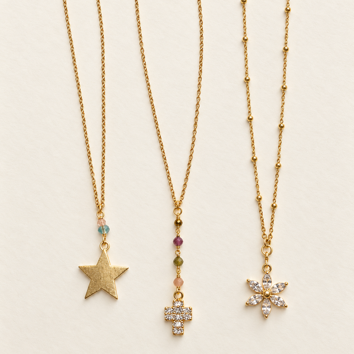 Golden Keepsakes Necklace Trio – Star, Cross & Heart