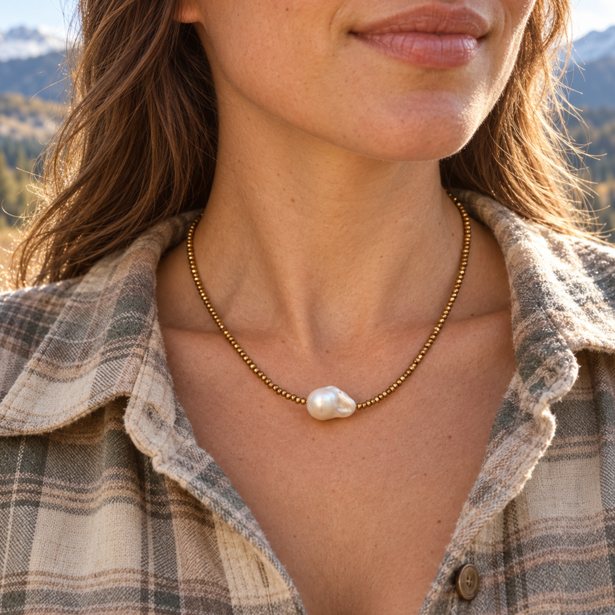 Baroque Pearl & Bronze Hematite Gemstone Necklace