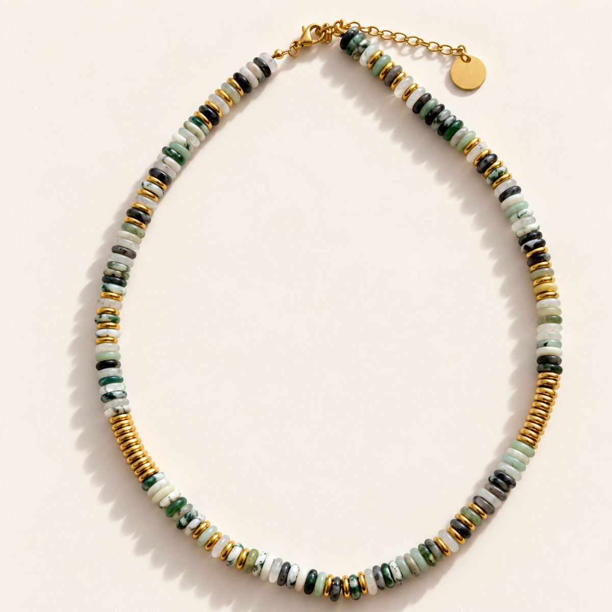 Moss Agate & Golden Disc Layering Necklace