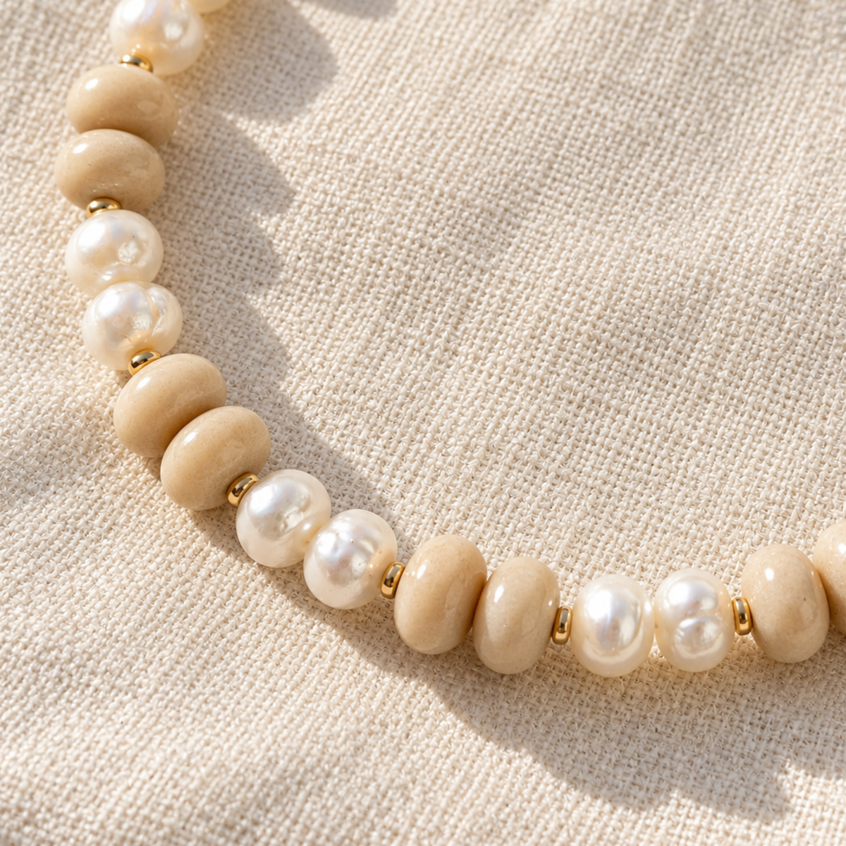 Irregular White Freshwater Pearl & Beige River Stone Necklace