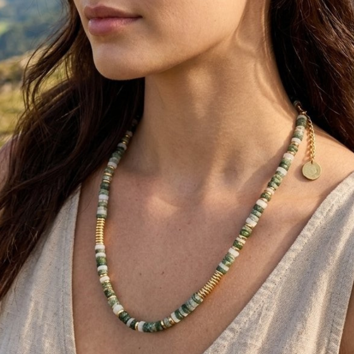 Moss Agate Layering Necklace with Gold Disks