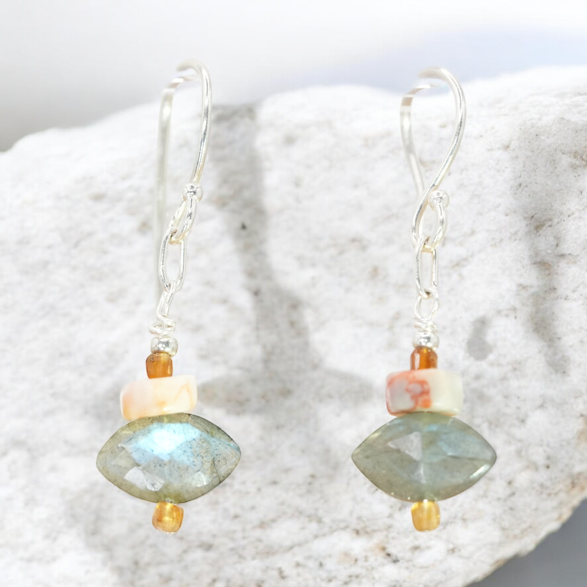 Sterling Silver Labradorite Evil Eye Earrings