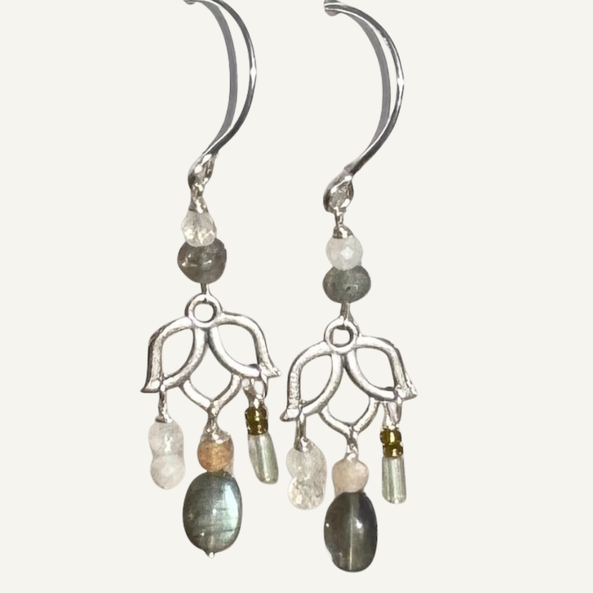 Labradorite & Silver Lotus Dangle Chandelier Earrings