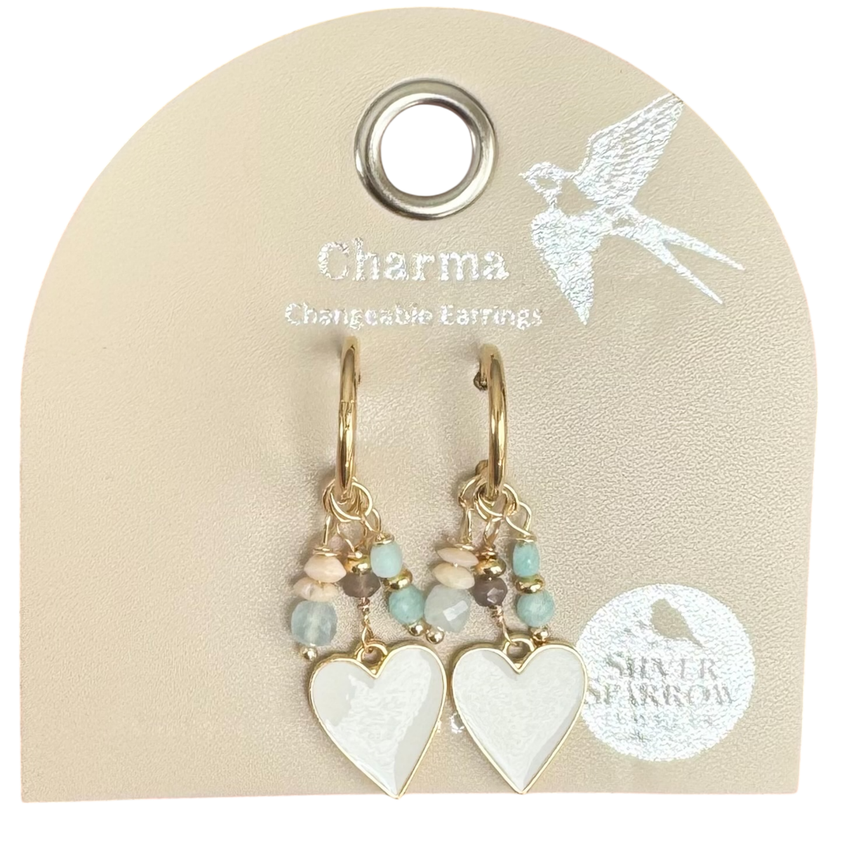 Golden Heart White Enamel Earrings with Interchangeable Charms