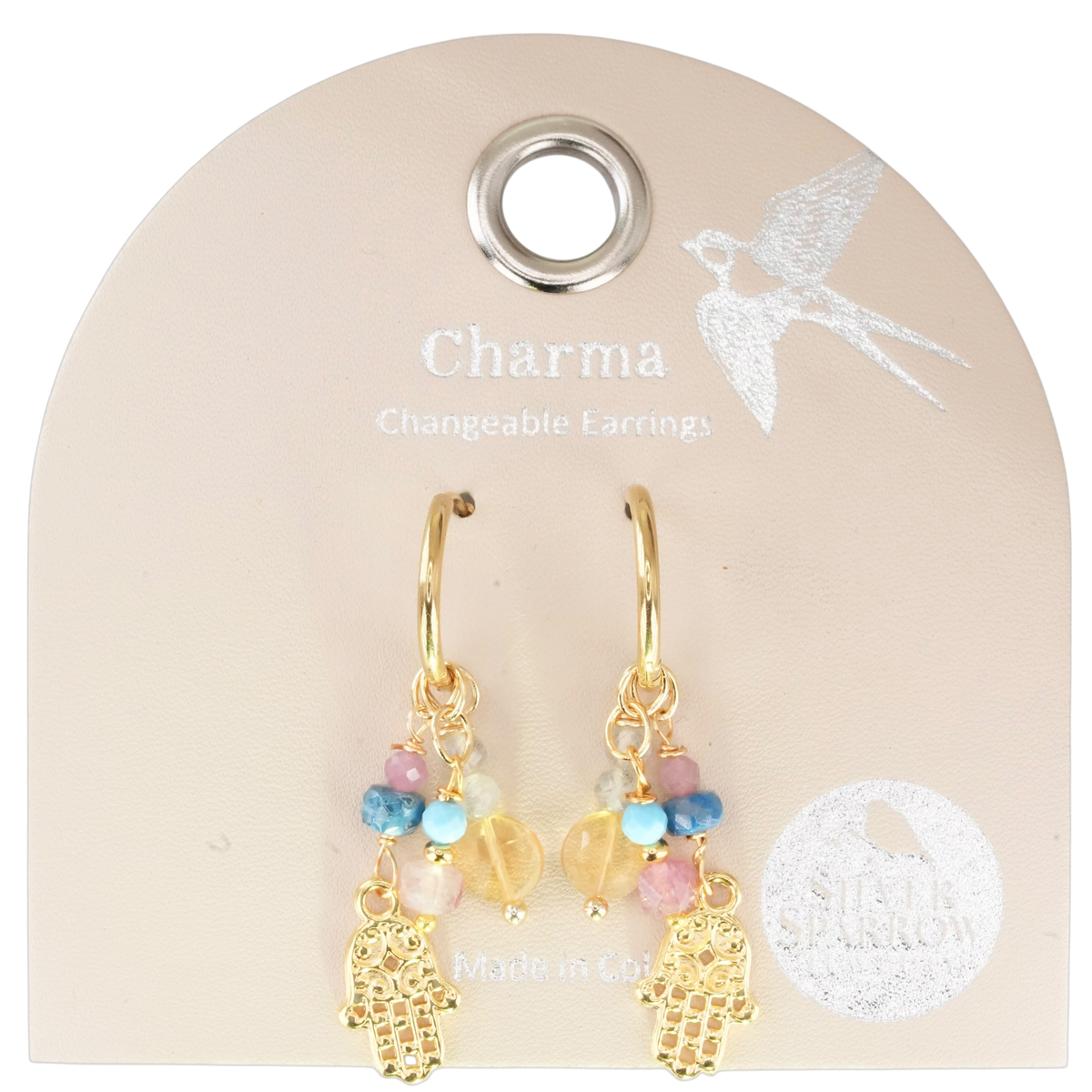 Charma Gold Hamsa Earrings with Stone Bauble Charms – Interchangeable Statement Jewelry