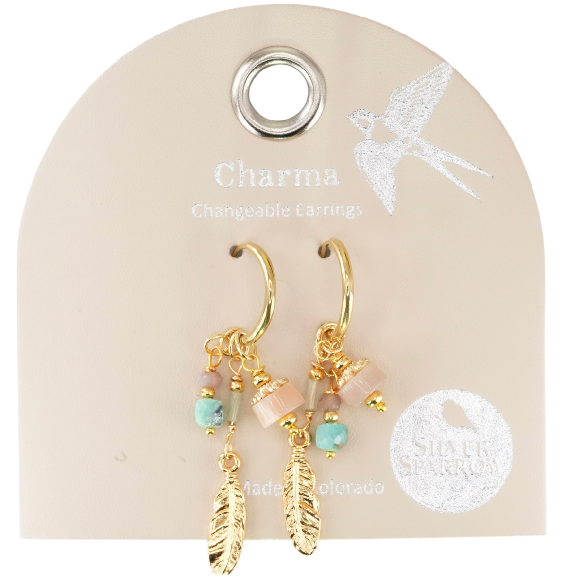 Charma Gold Feather Earrings with Stone Bauble Charms