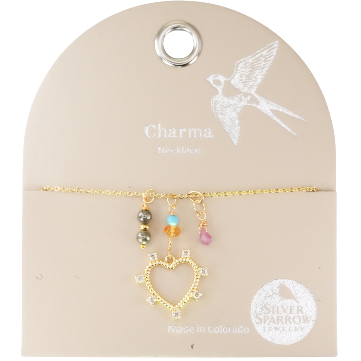 Charm Necklace with Rhinestone Heart and Gemstone Baubles