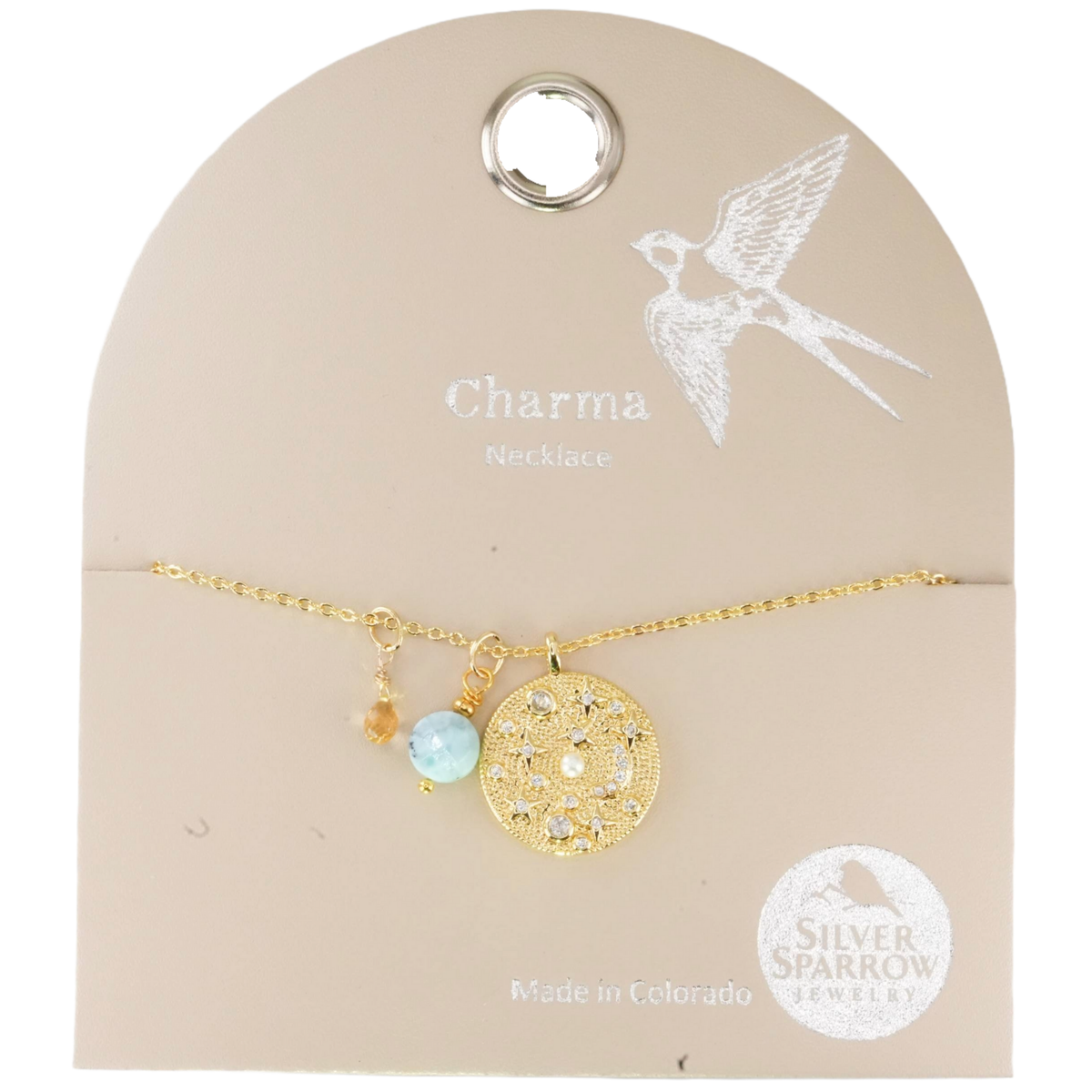 Rhinestone Gold Disk Charm Necklace with Stone Baubles