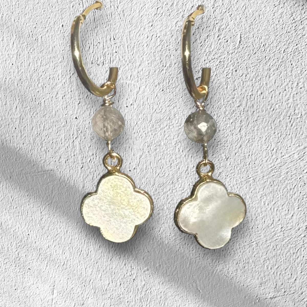 Mother of Pearl Clover Earrings on Gold Hoops