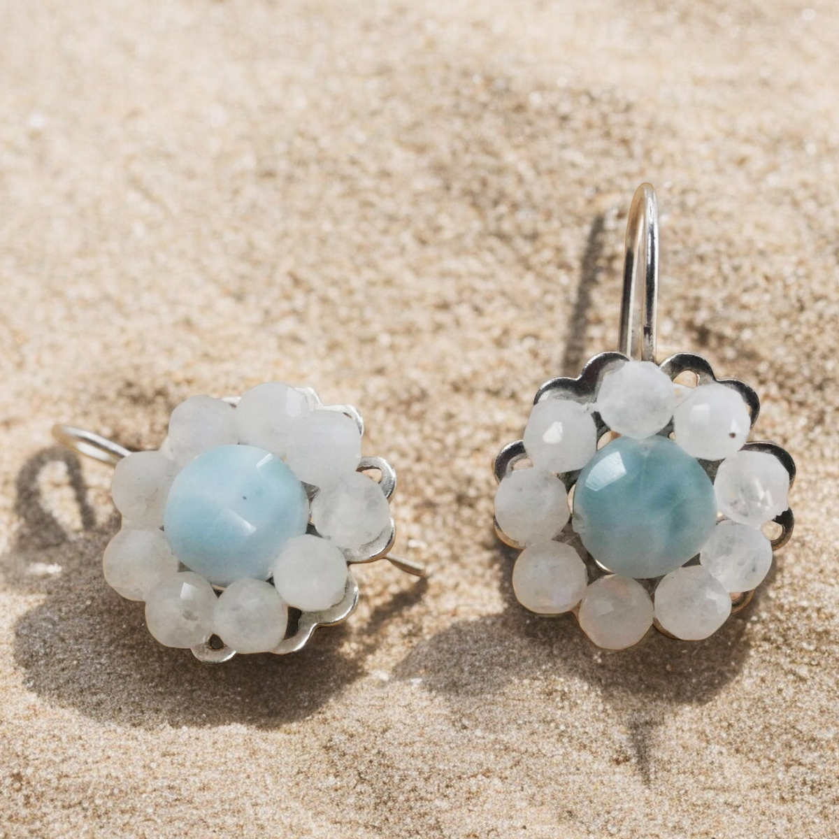 Larimar and Moonstone Rosette Earrings