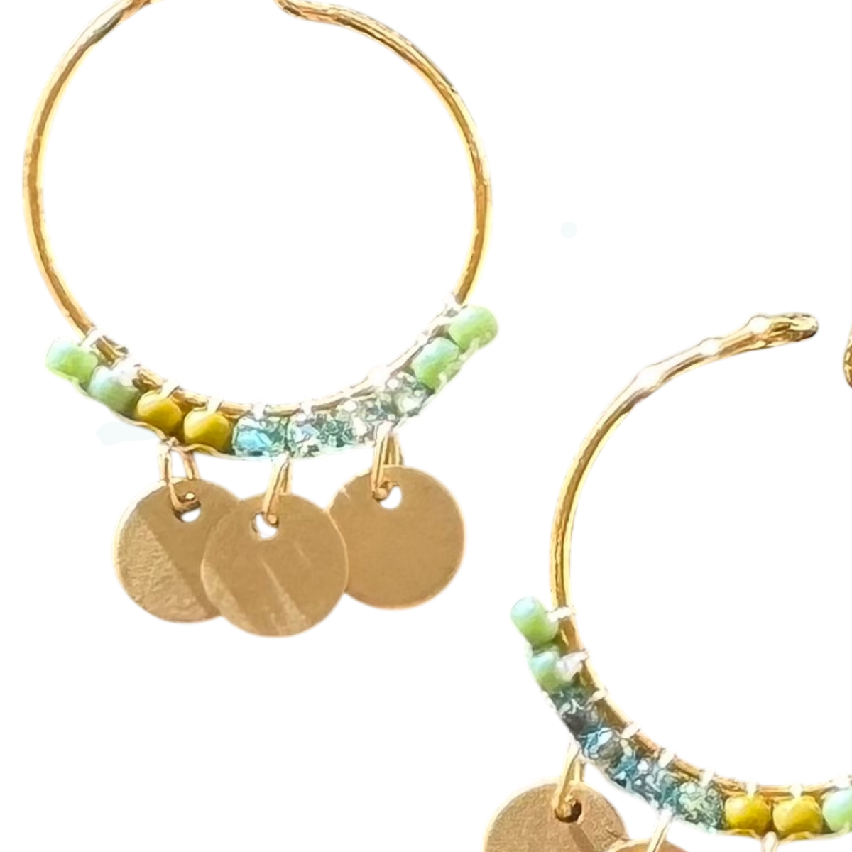 Green Seed Bead Hoop Earrings with Gold Coin Charm