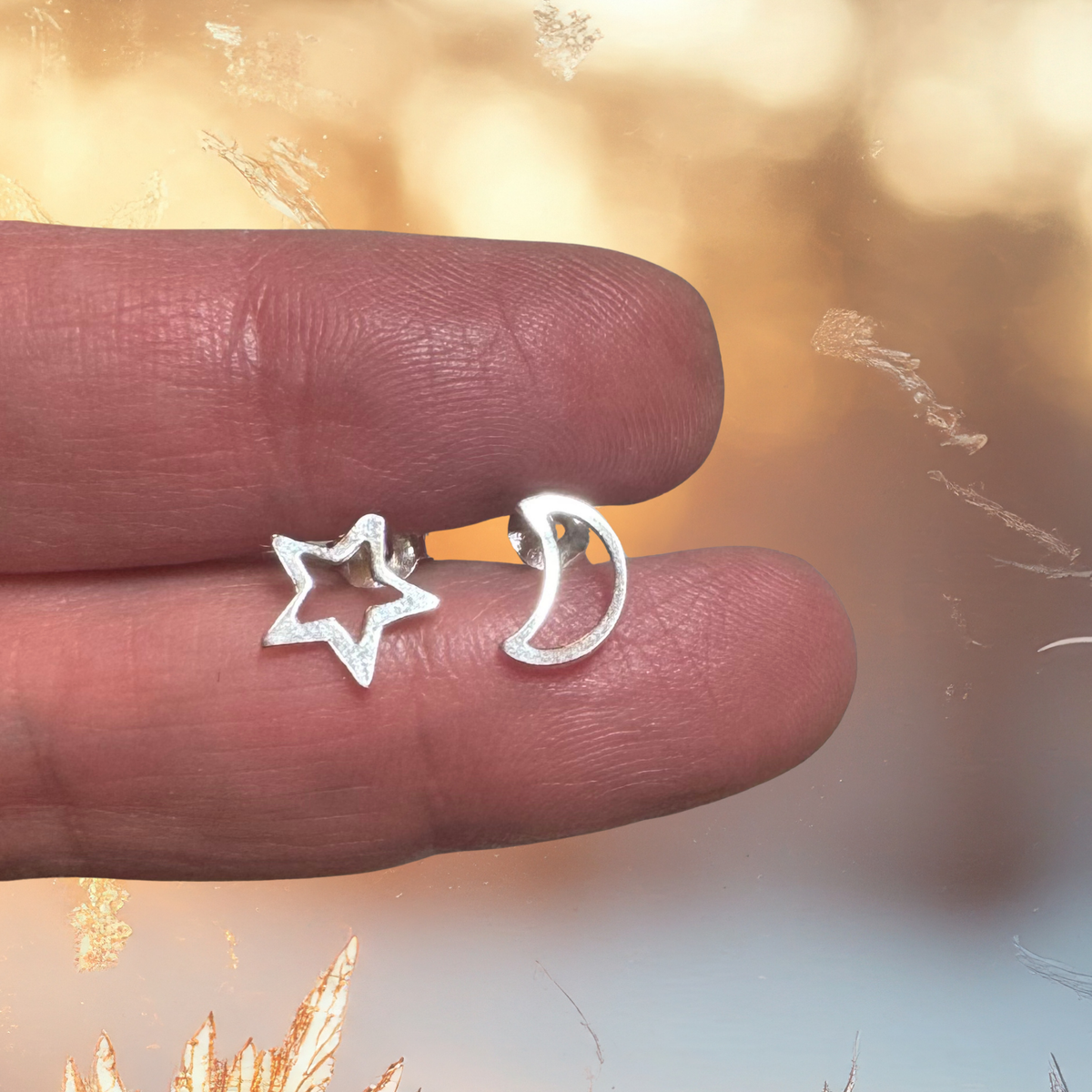 Moon and Sun Stud Earrings in Sterling Silver