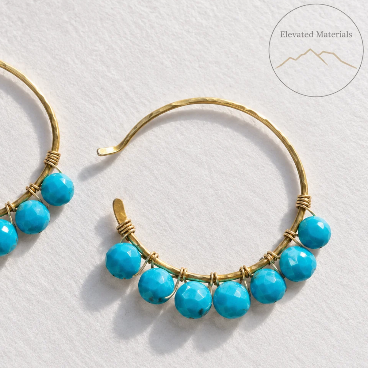 Gold hammered hoops with wrapped turquoise earrings