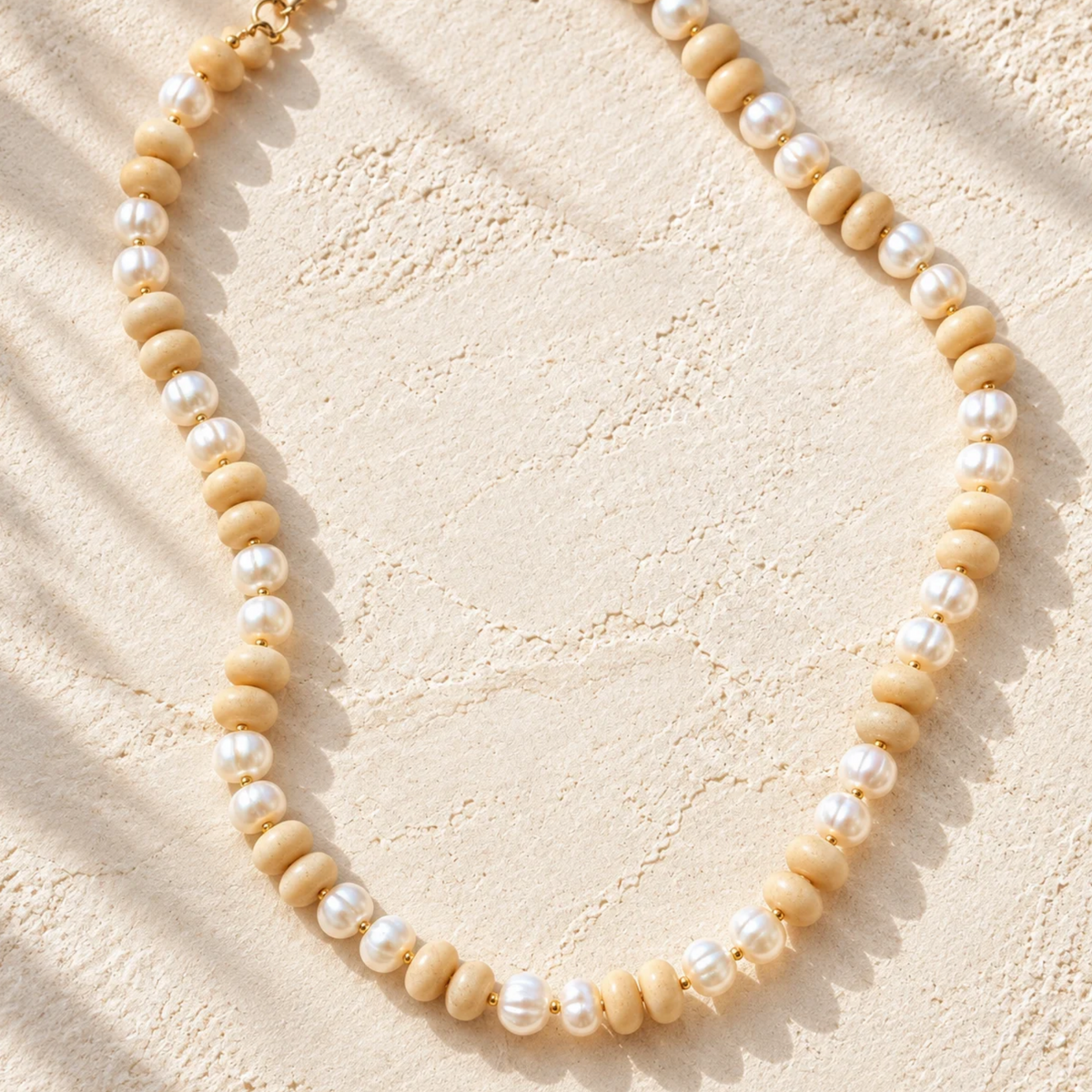 Irregular White Freshwater Pearl & Beige River Stone Necklace