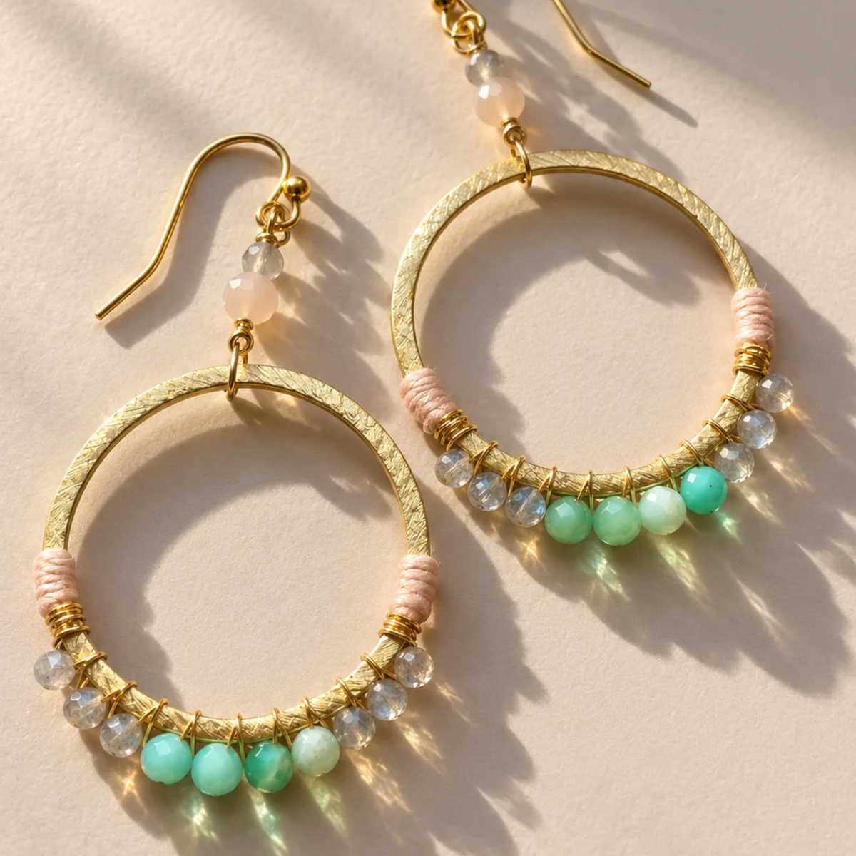 Hoop earrings with labradorite and chrysoprase