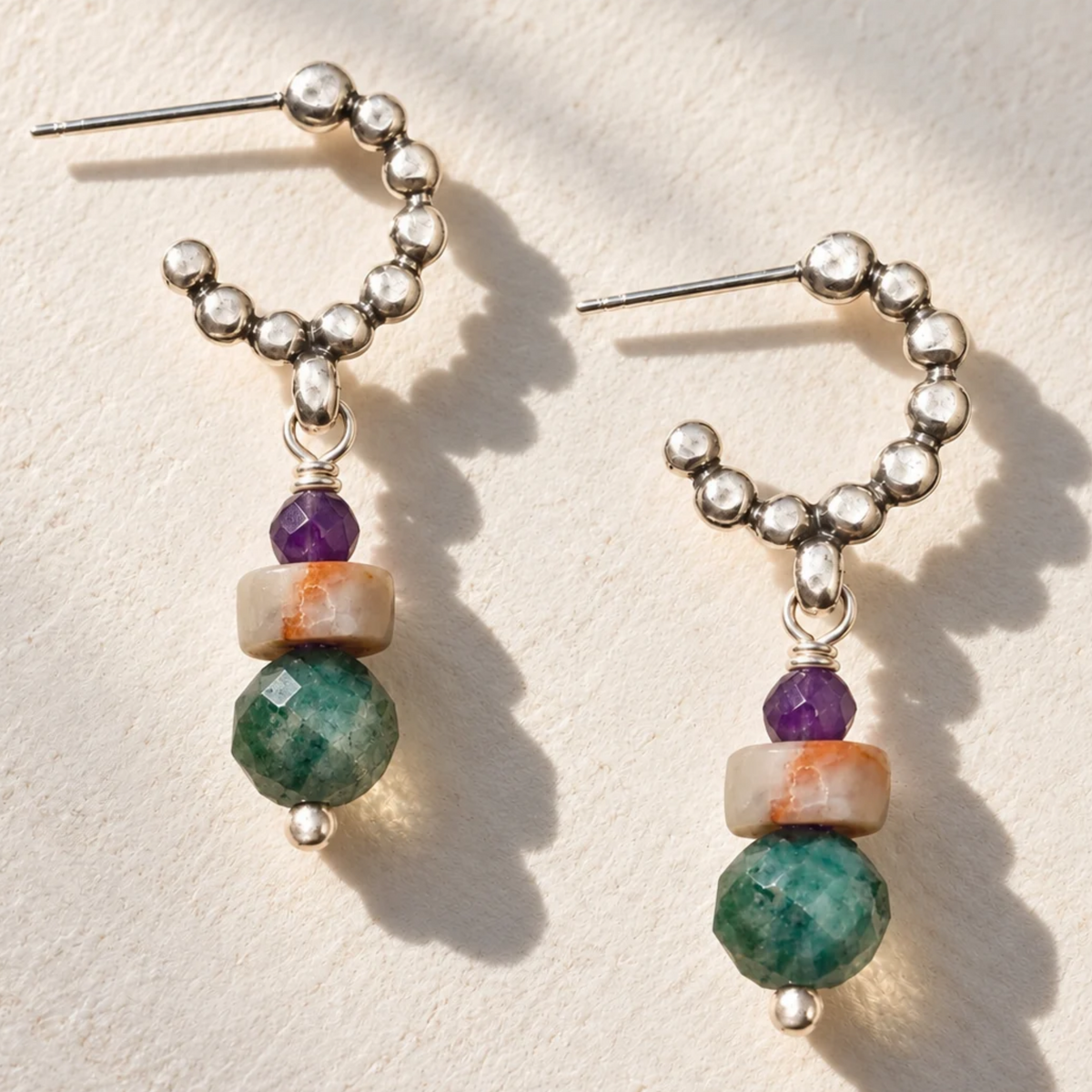 Earth & Ember Fancy Jasper Silver Dot Hoop Earrings