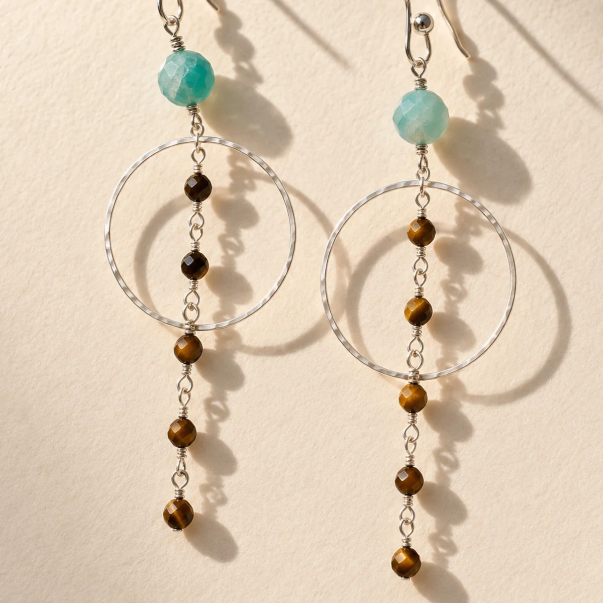 Earth & Sky Tiger Eye and Amazonite Silver Circle Earrings