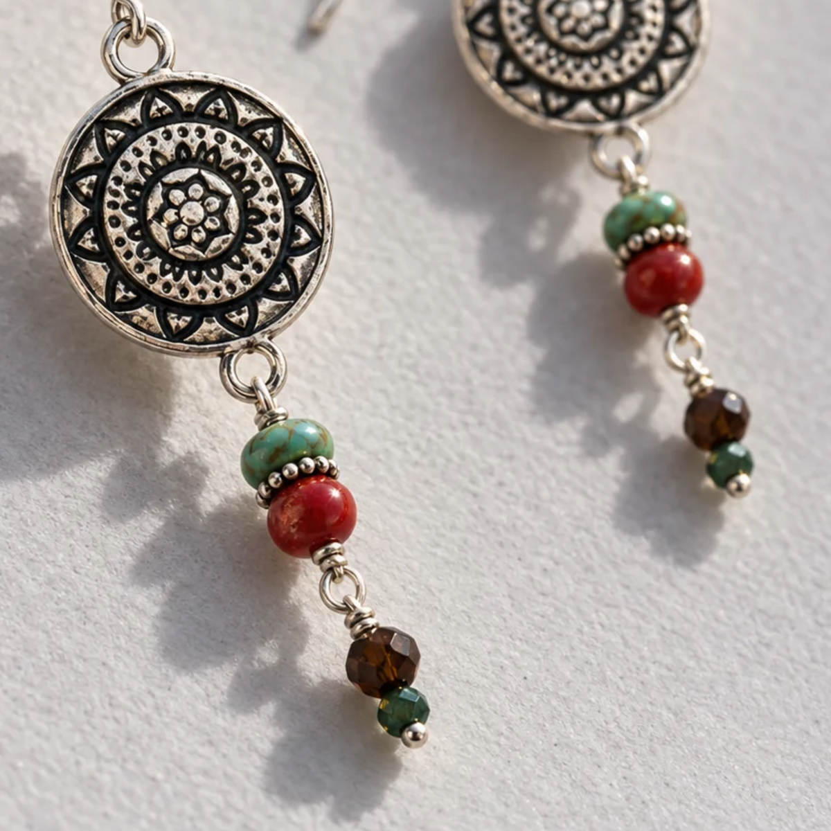 Desert Mosaic Mandala Earrings with Lapis, Coral & Turquoise