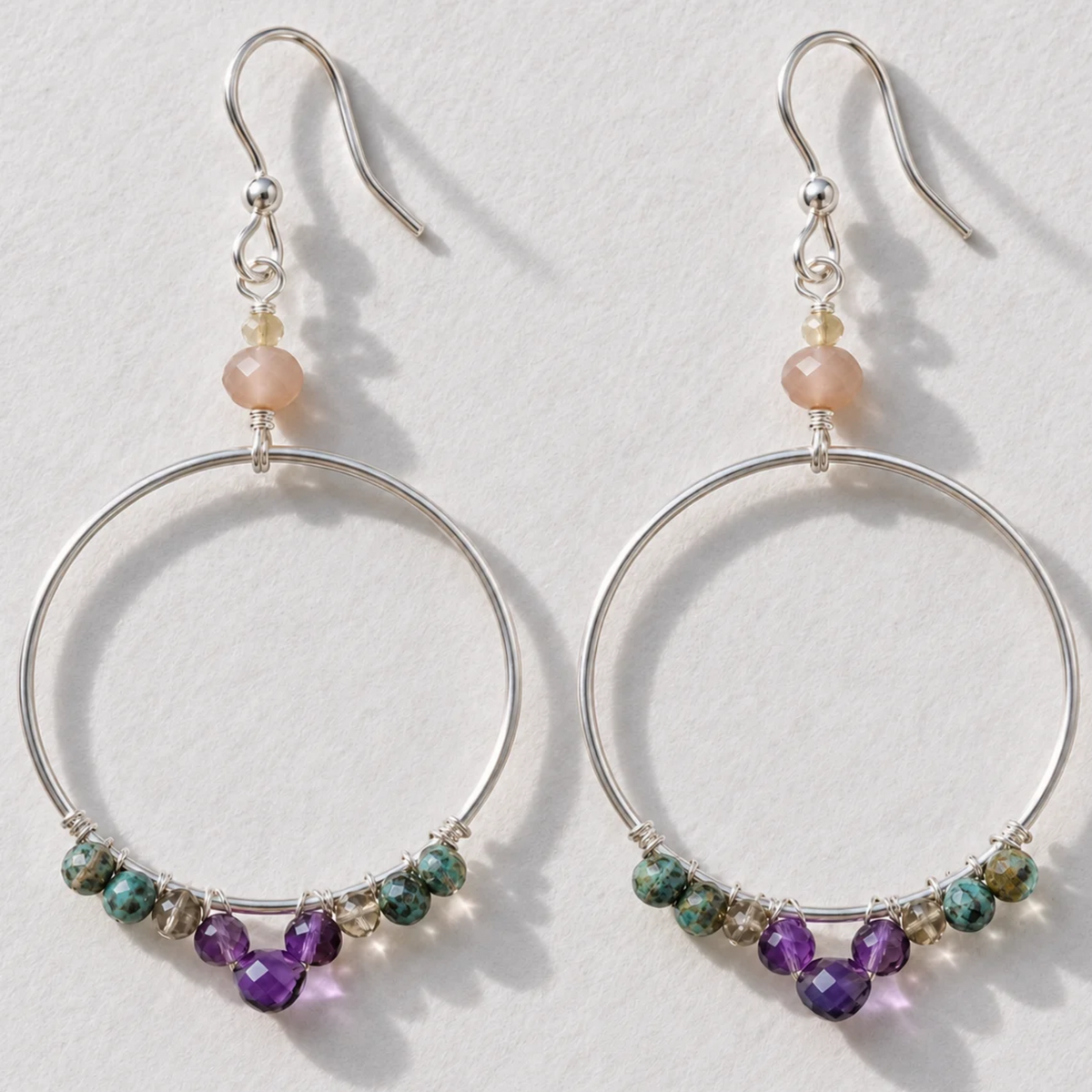 Desert Tapestry Woven Silver Hoops with Turquoise, Amethyst & Sunstone
