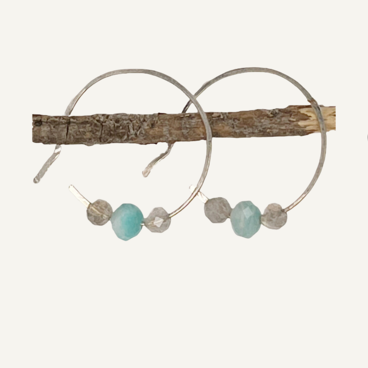 Sterling hand forged hoops with amazonite