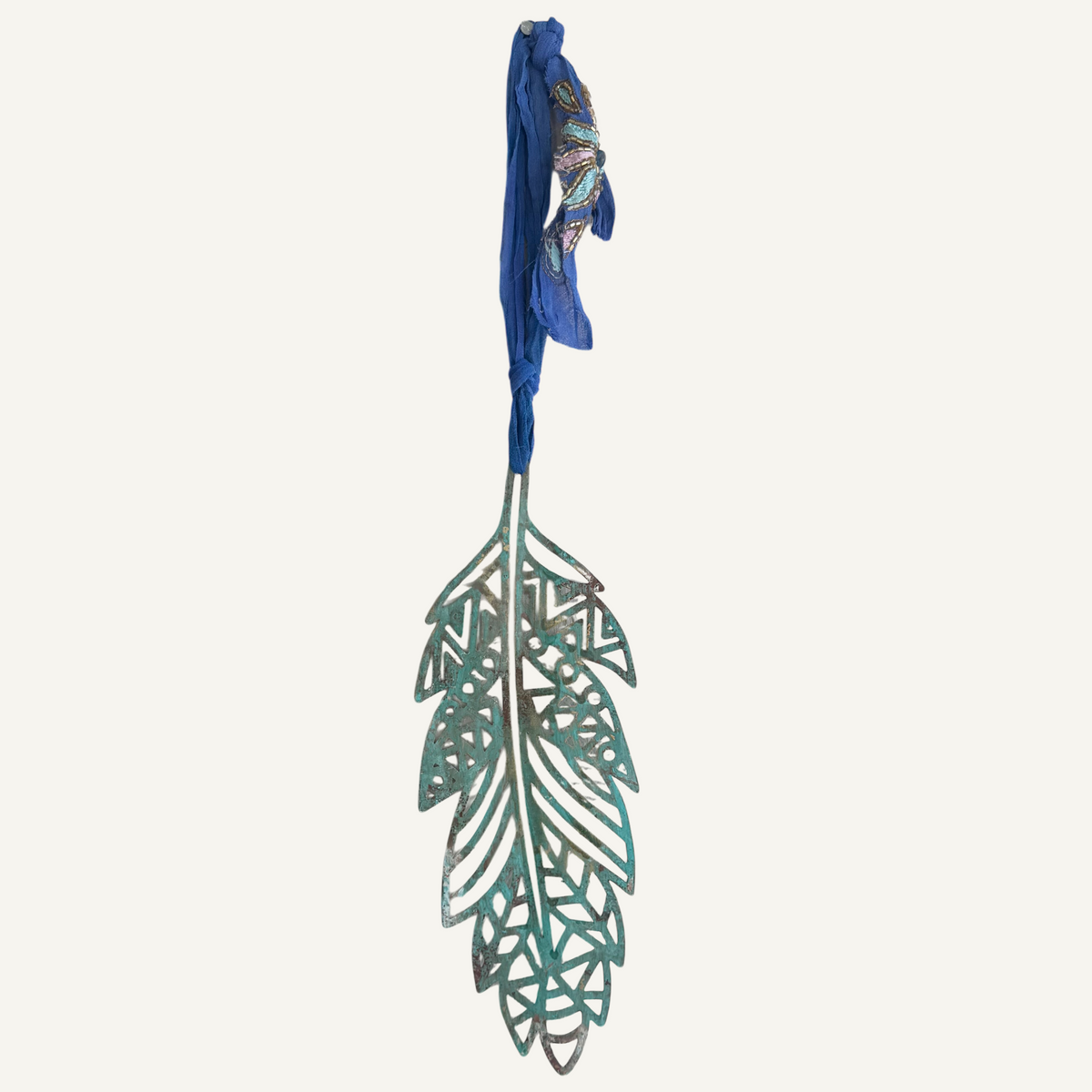 Wall hanging, Boho patina feather