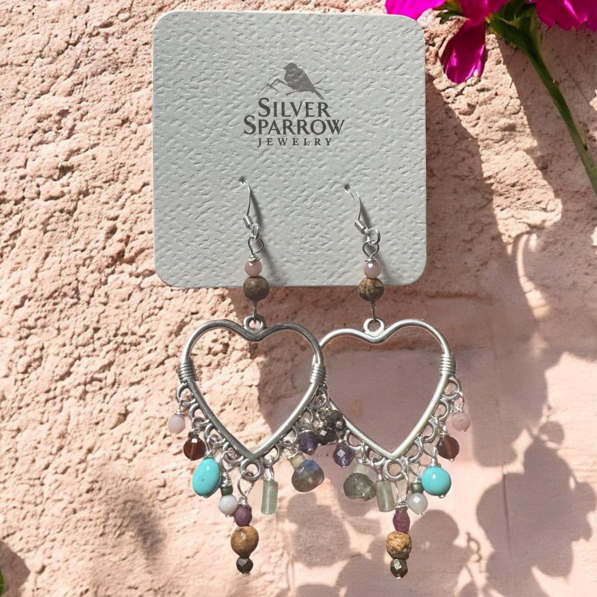 Heart chandelier earrings with mixed stones