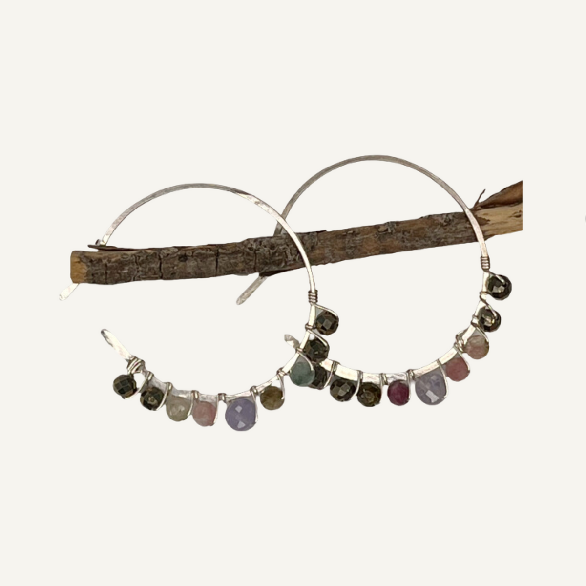 Hand forged hoop semi-precious stone earrings